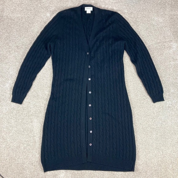 Neiman Marcus Cashmere Duster Cardigan Sweater Women XL Black Cable Knit Classic - Picture 2 of 11